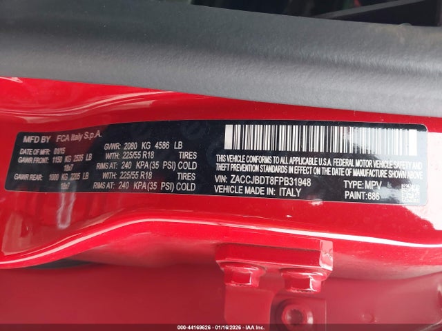 2015 Jeep Renegade Limited მანქანა იყიდება აუქციონზე, vin: ZACCJBDT8FPB31948, აუქციონის ნომერი: 44169626