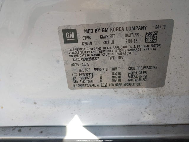 2019 Buick Encore Fwd Preferred მანქანა იყიდება აუქციონზე, vin: KL4CJASB8KB905327, აუქციონის ნომერი: 44169672