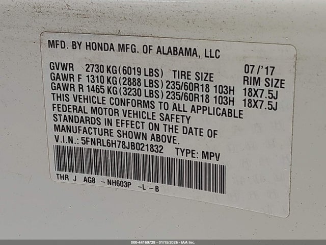 5FNRL6H78JB021832 Honda Odyssey Ex-l
