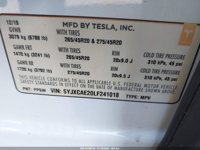 Продаж на аукціоні авто 2020 Tesla Model X Long Range Dual Motor All-wheel Drive/long Range Plus Dual Motor All-wheel Drive, vin: 5YJXCAE20LF241018, номер лоту: 44169738