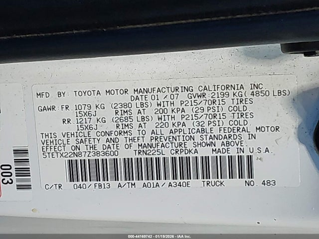 Продаж на аукціоні авто 2007 Toyota Tacoma, vin: 5TETX22N87Z383600, номер лоту: 44169742