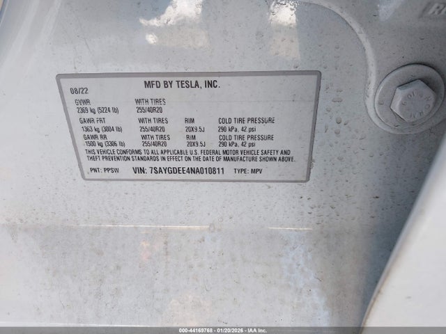 Продаж на аукціоні авто 2022 Tesla Model Y Long Range Dual Motor All-wheel Drive, vin: 7SAYGDEE4NA010811, номер лоту: 44169768