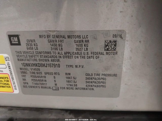 2017 Chevrolet Traverse 2lt მანქანა იყიდება აუქციონზე, vin: 1GNKVHKD8HJ167910, აუქციონის ნომერი: 44169817