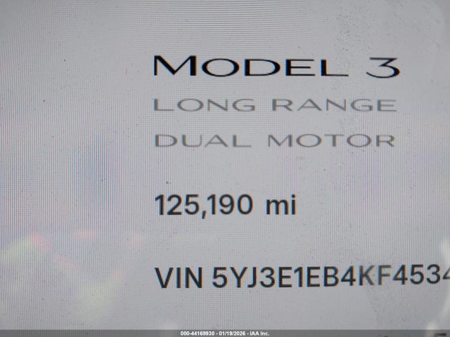 44169930 :رقم المزاد ، 5YJ3E1EB4KF453458 vin ، 2019 Tesla Model 3 Long Range/performance مزاد بيع