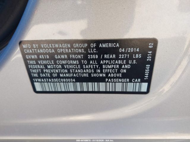 2014 VOLKSWAGEN PASSAT 1VWAS7A33EC093034 Photo 8