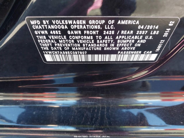 2014 VOLKSWAGEN PASSAT 1VWCN7A38EC097807 Photo 8