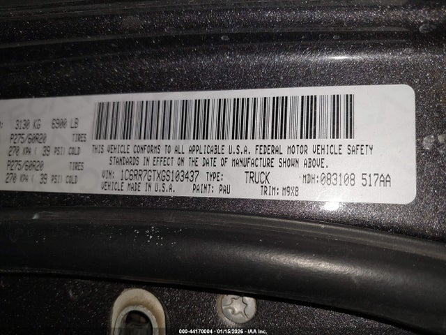 2016 Ram 1500 Big Horn მანქანა იყიდება აუქციონზე, vin: 1C6RR7GTXGS103437, აუქციონის ნომერი: 44170004