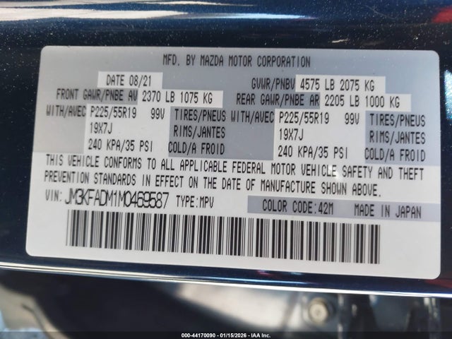 44170090 :رقم المزاد ، JM3KFADM1M0469587 vin ، 2021 Mazda Cx-5 Grand Touring مزاد بيع
