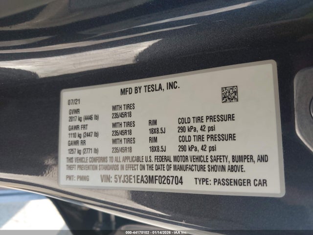 2021 TESLA MODEL 3 5YJ3E1EA3MF026704 Photo 8