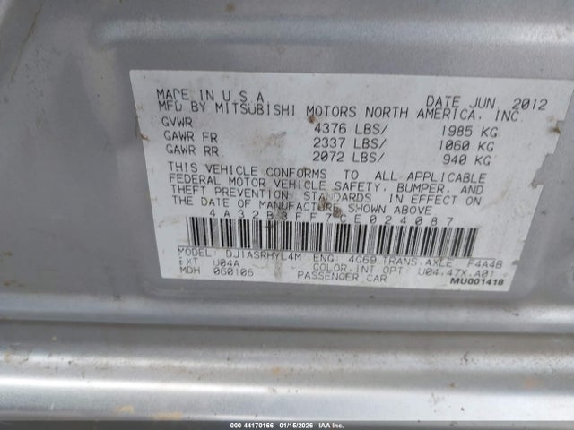 2012 MITSUBISHI GALANT 4A32B3FF7CE024087 Photo 8