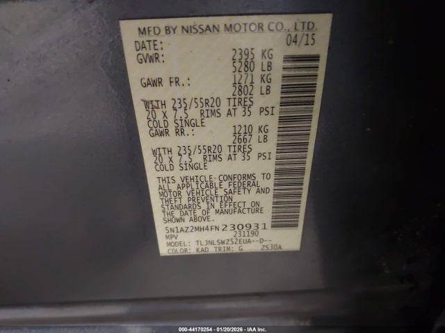 5N1AZ2MH4FN230931 Nissan Murano Platinum