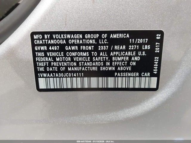 Aukcja sprzedaży 2018 Volkswagen Passat 2.0t R-line/2.0t S, vin: 1VWAA7A30JC014111, numer aukcji: 44170344