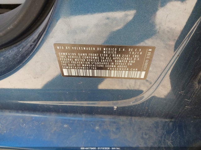 Auction sale of the 2017 Volkswagen Jetta 1.4t Se, vin: 3VWDB7AJ5HM261769, lot number: 44170400