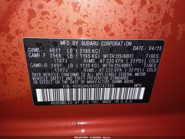 2025 Subaru Crosstrek Wilderness მანქანა იყიდება აუქციონზე, vin: 4S4GUHU6XS3747456, აუქციონის ნომერი: 44170431