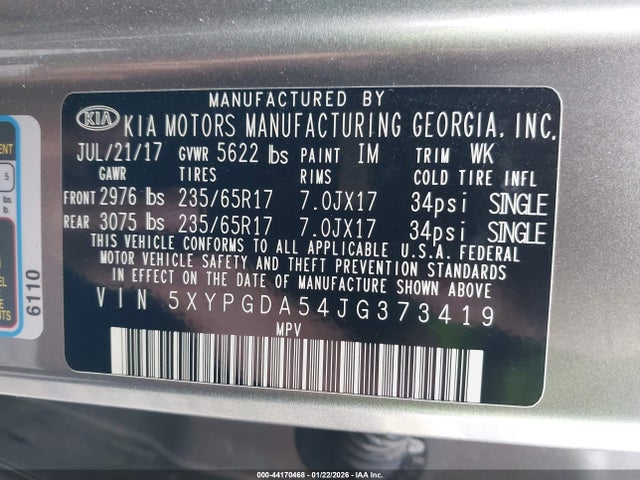 5XYPGDA54JG373419 KIA Sorento 3.3l Lx