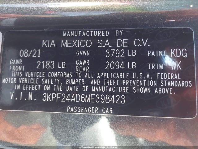 3KPF24AD6ME398423 KIA Forte Lxs