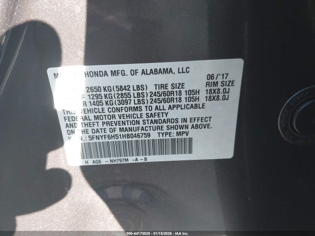 5FNYF6H51HB046759 Honda Pilot Ex-l