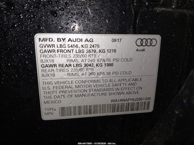 2018 Audi Q5 2.0t Premium/2.0t Tech Premium მანქანა იყიდება აუქციონზე, vin: WA1ANAFY5J2051339, აუქციონის ნომერი: 44170581