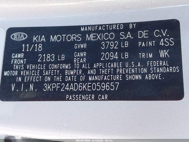 3KPF24AD6KE059657 KIA Forte Lxs