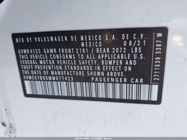 44170644 :رقم المزاد ، 3VWC57BU5MM077423 vin ، 2021 Volkswagen Jetta 1.4t R-line/1.4t S/1.4t Se مزاد بيع