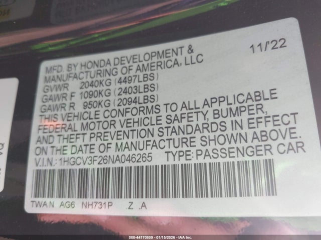 2022 HONDA ACCORD HYBRID 1HGCV3F26NA046265 Photo 8