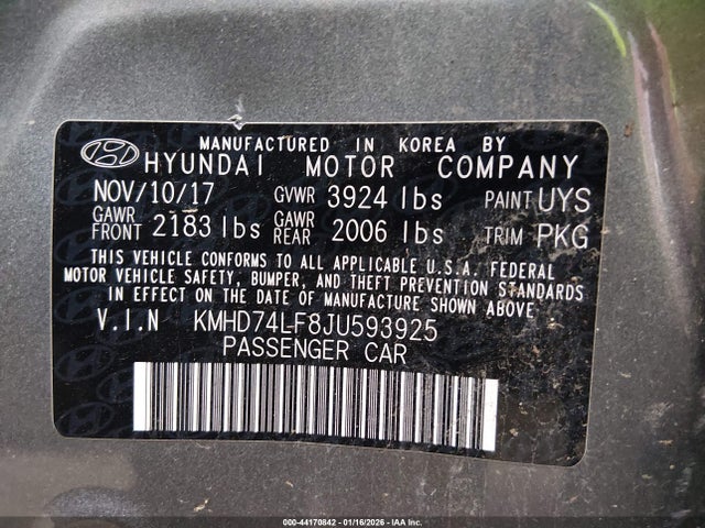 KMHD74LF8JU593925 Hyundai ELANTRA SE