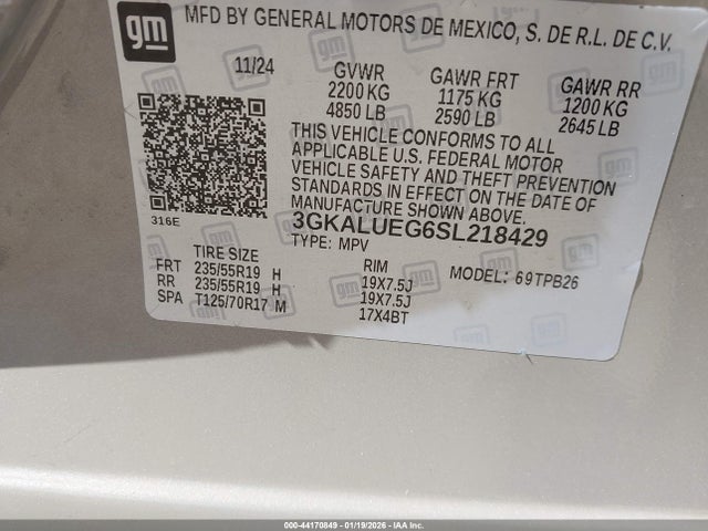 Aukcja sprzedaży 2025 Gmc Terrain Awd Elevation, vin: 3GKALUEG6SL218429, numer aukcji: 44170849