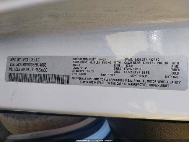 Продажа на аукционе авто 2025 Ram Promaster 2500 Tradesman High Roof 159 Wb W/pass Seat, vin: 3C6LRVDG0SE514083, номер лота: 44170880