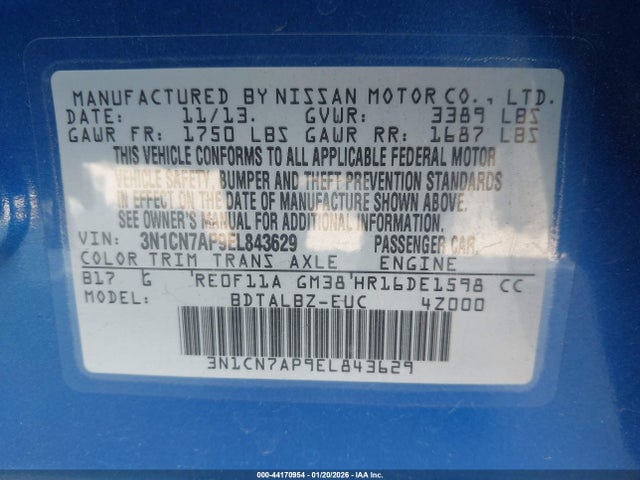 3N1CN7AP9EL843629 Nissan Versa 1.6 Sv