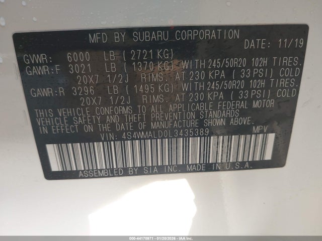 4S4WMALD0L3435389 Subaru Ascent Limited