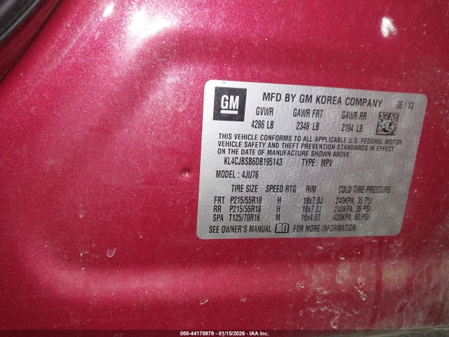 2013 Buick Encore Convenience მანქანა იყიდება აუქციონზე, vin: KL4CJBSB6DB195143, აუქციონის ნომერი: 44170979