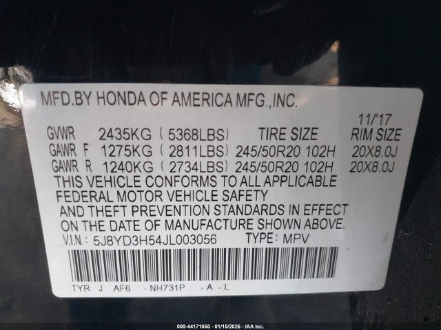 5J8YD3H54JL003056 Acura Mdx Technology Package Acurawatch Plus Pkg