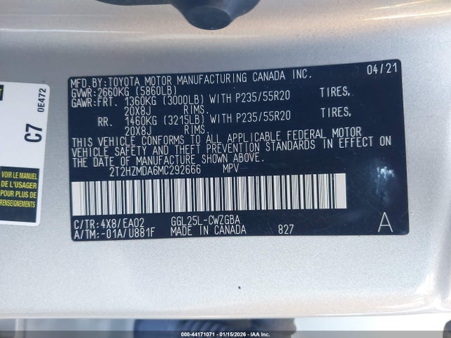 44171071 :رقم المزاد ، 2T2HZMDA6MC292666 vin ، 2021 Lexus Rx 350 مزاد بيع