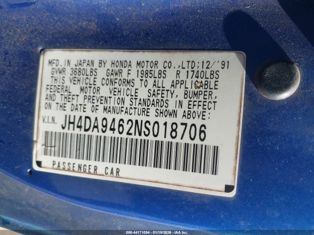 44171094 :رقم المزاد ، JH4DA9462NS018706 vin ، 1992 Acura Integra Gs مزاد بيع