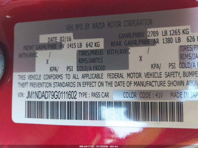 JM1NDAD79G0111602 Mazda Mx-5 Miata Grand Touring