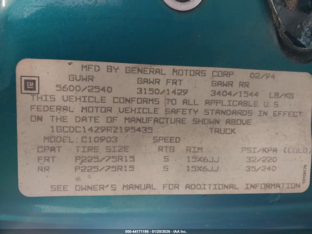 1994 CHEVROLET GMT-400 1GCDC14Z9RZ195435 Photo 8
