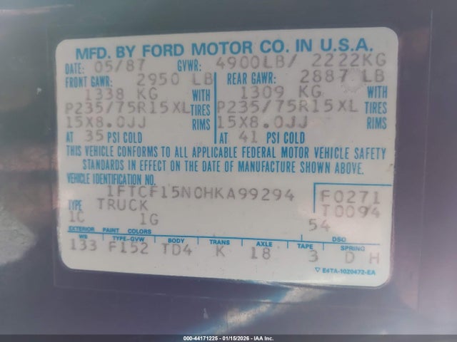 1987 FORD F150 1FTCF15N0HKA99294 Photo 8