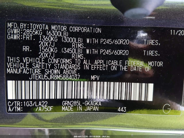 JTEKU5JR8M5884037 Toyota 4runner Limited
