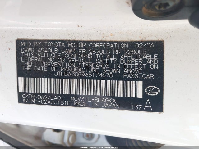 Продажа на аукционе авто 2006 Lexus Es 330, vin: JTHBA30G965174678, номер лота: 44171269