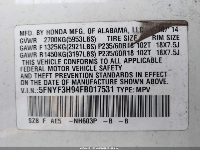 Honda Pilot Touring 2015 5FNYF3H94FB017531 Image 9