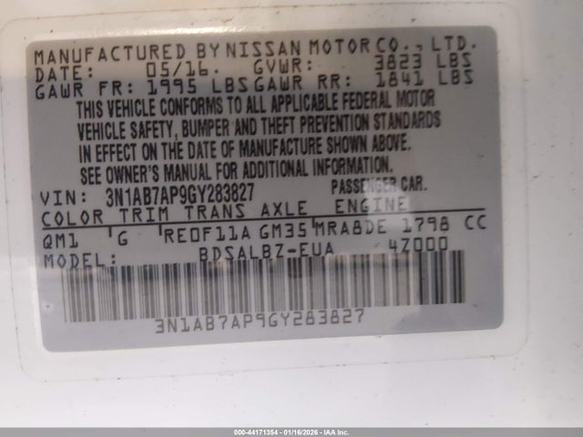 3N1AB7AP9GY283827 Nissan Sentra Fe+ S/s/sl/sr/sv
