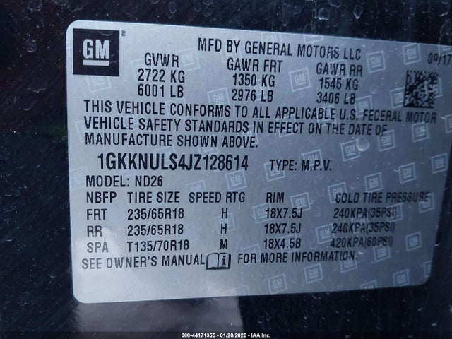 44171355 :رقم المزاد ، 1GKKNULS4JZ128614 vin ، 2018 Gmc Acadia Slt-1 مزاد بيع