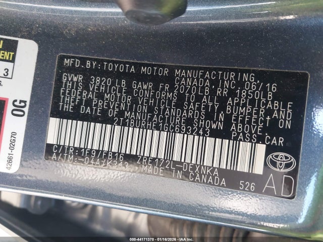 2016 TOYOTA COROLLA 2T1BURHE1GC693243 Photo 8