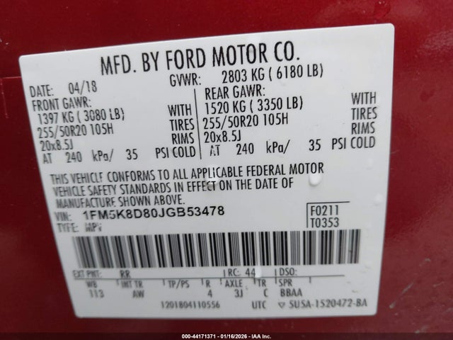 Продажа на аукционе авто 2018 Ford Explorer Xlt, vin: 1FM5K8D80JGB53478, номер лота: 44171371