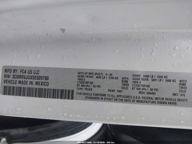 3C6MRVJGXSE509790 RAM Promaster 3500 Cargo Van Tradesman High Roof 159 Wb Ext