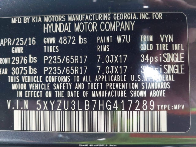 2017 Hyundai Santa Fe Sport 2.4l მანქანა იყიდება აუქციონზე, vin: 5XYZU3LB7HG417289, აუქციონის ნომერი: 44171610
