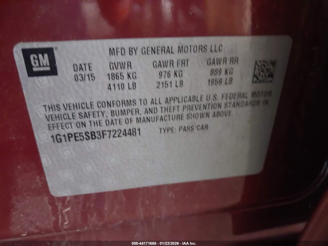 1G1PE5SB3F7224481 Chevrolet Cruze 2lt Auto