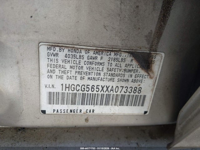 44171703 :رقم المزاد ، 1HGCG565XXA073388 vin ، 1999 Honda Accord Ex مزاد بيع