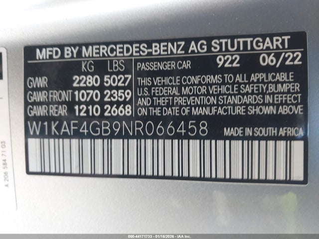 W1KAF4GB9NR066458 Mercedes-Benz C 300 Sedan