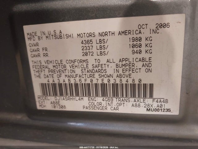 2007 MITSUBISHI GALANT 4A3AB36F07E038480 Photo 8